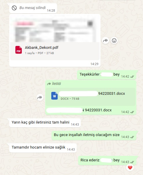 Danışan WhatsApp mesajı