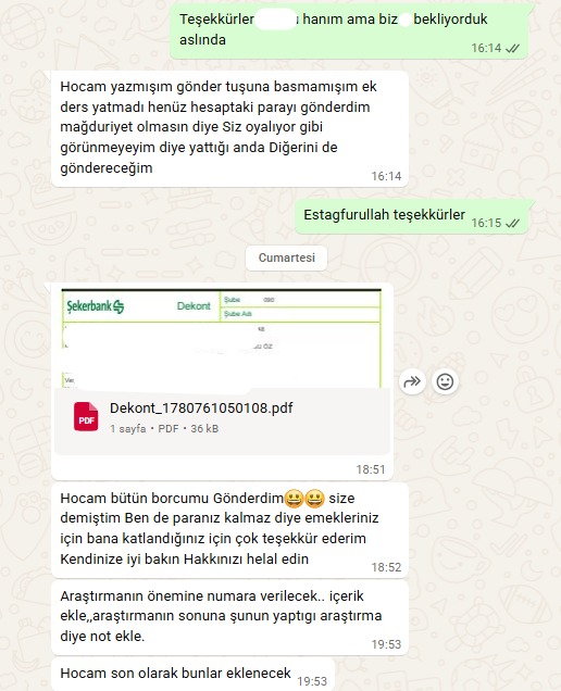 Danışan WhatsApp mesajı