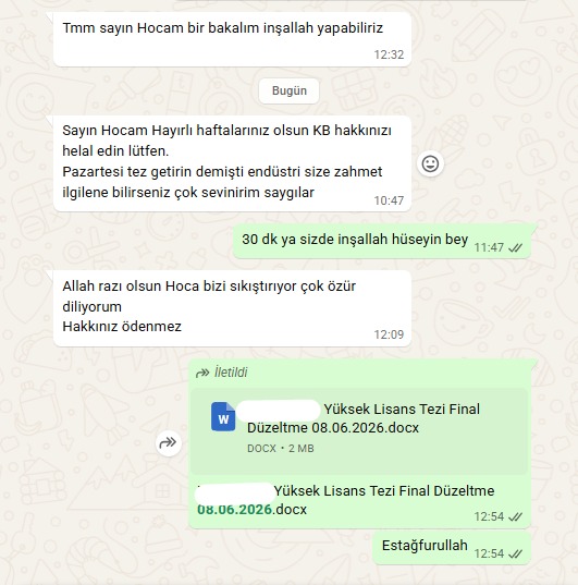 Danışan WhatsApp mesajı
