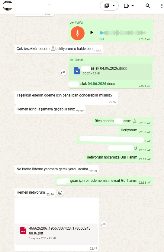 Danışan WhatsApp mesajı