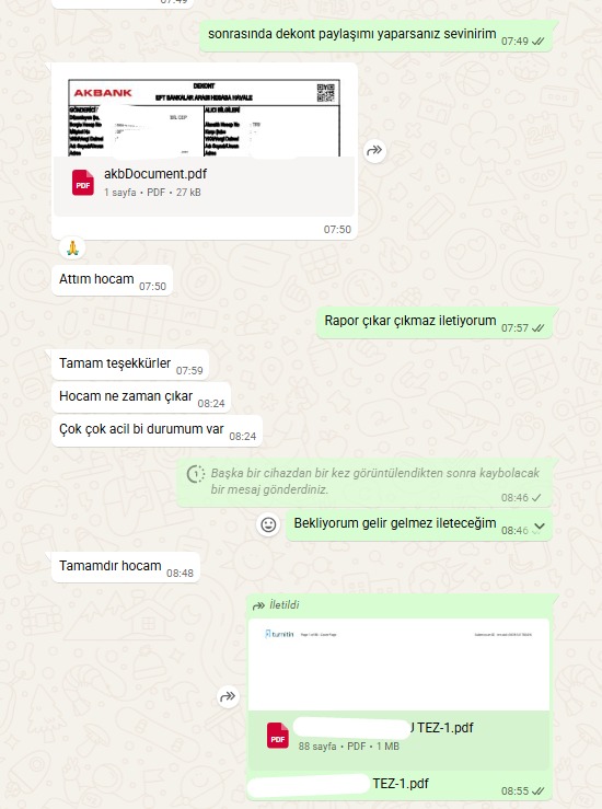Danışan WhatsApp mesajı
